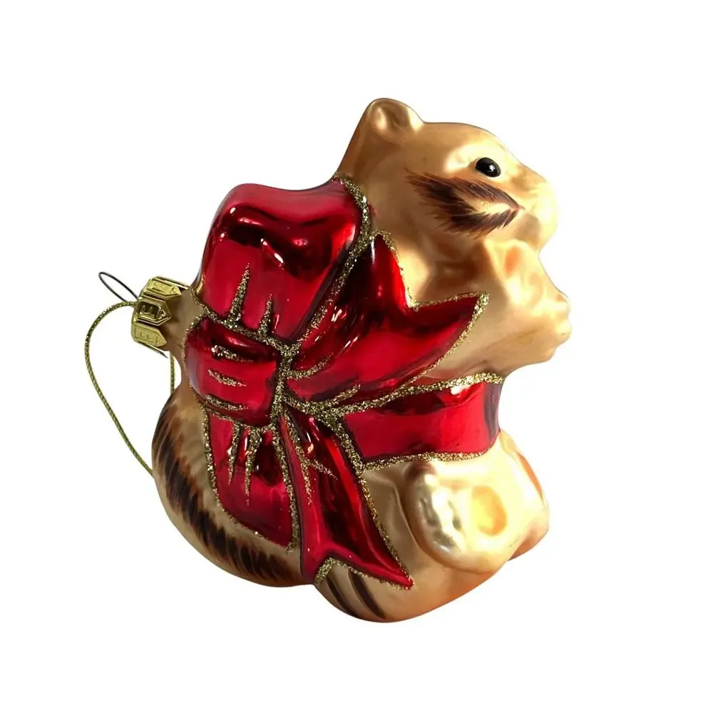 Glass Squirrel Christmas Ornament Red Bow Gold Glitter Woodland 3.5”
